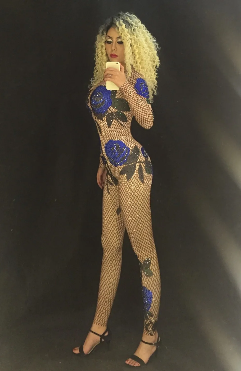 2020 kobiet nowe niebieskie róże Rhinestone pełne musujących kryształów kamienie kombinezon Party boże narodzenie świętuj wydajność strój sceniczny