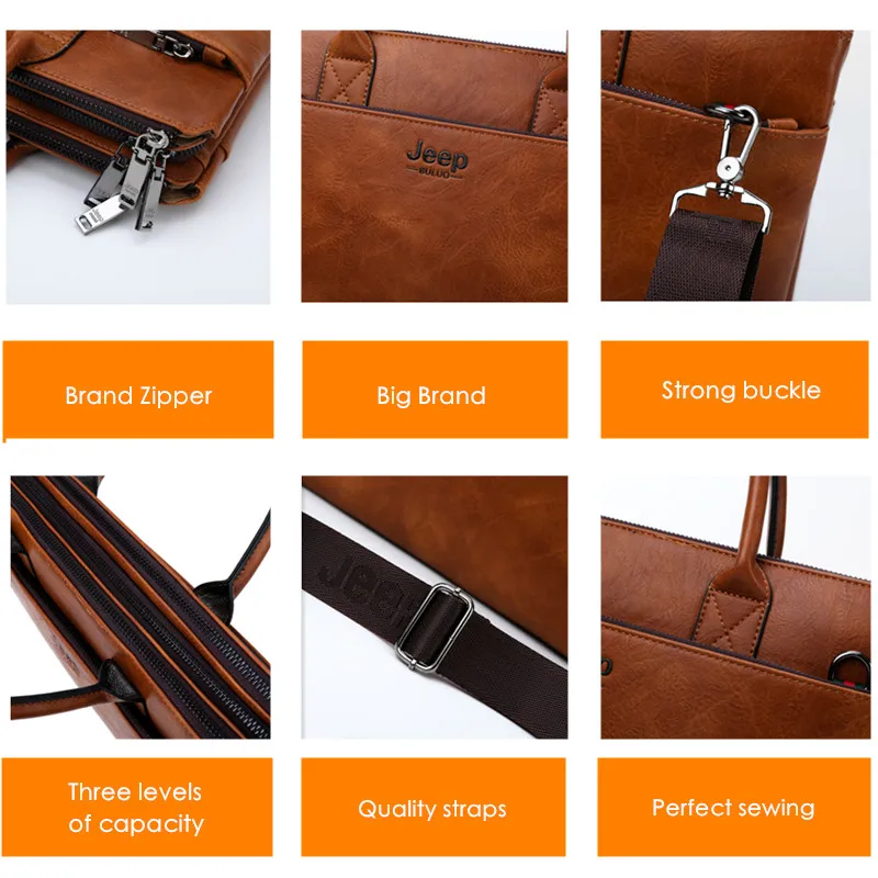 JEEP BULUO Brand High Quality 14 inch Laptop Business Bags Men Briefcases Set For Handbags Leather Office Large Capacity Bags