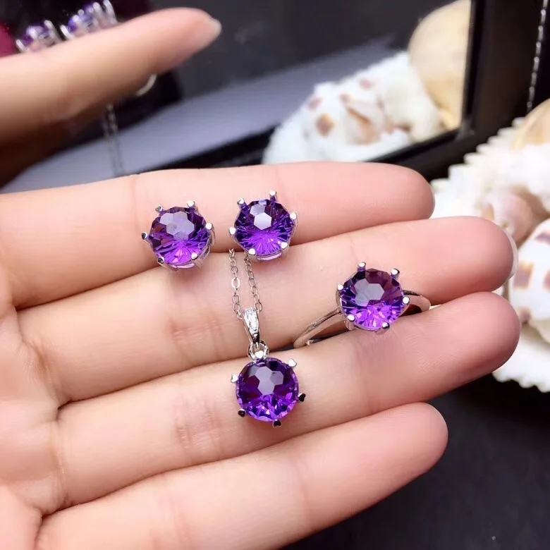 shiny purple amethyst ring earrings and necklace jewelry set women silver fine jewelry round gem fashion ornament birthday gift