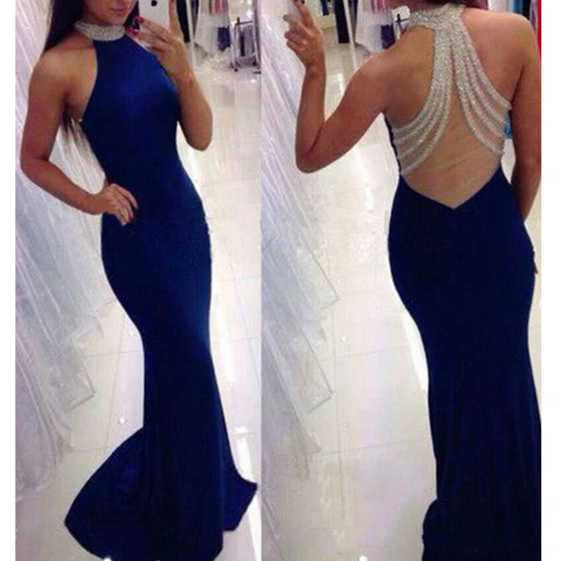 Vestido de fiesta azul real sin mangas con cuello alto y espalda descubierta, vestido de fiesta de noche elegante, moda de sirena, novedad de 2021