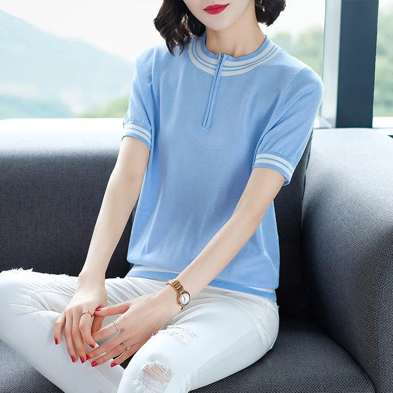 

Short Sleeve Casual T-shirt Women's Summer Striped Knitted Bottoming Top Ladies Loose Fashion Thin O-neck Slim T-shirts H9274