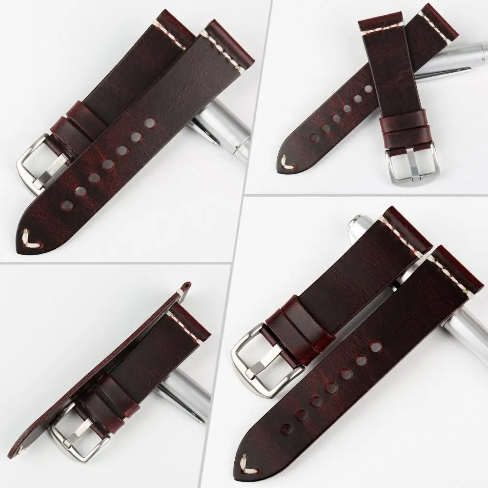 MAIKES Genuine Cow Leather Watch Strap Handmade Watchbands Vintage Red Wristband For Panerai 20mm 22mm 24mm Watch Band