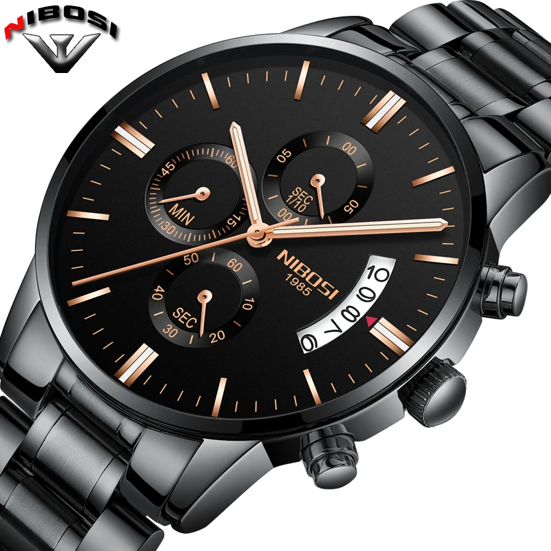 NIBOSI Relogio Masculino A Prova D \' gua Grande Watches Men Luxury Brand Full Steel Quartz Watches Men Leather Chronograph Watch