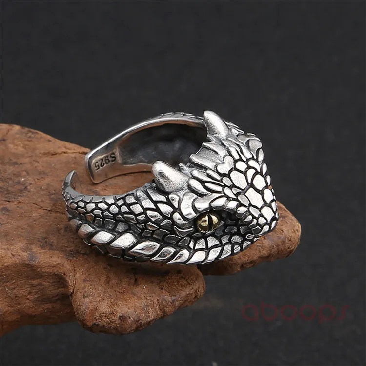 Bicolor 925 Sterling Silver Cobra Head Ring for Men Boys,Open and Adjustable,Free Shipping