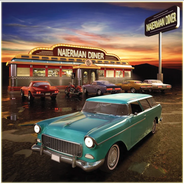 10x10FT Vintage Car Parking Lot Diner Restaurant Sunset Custom Photography Studio Backdrop Background Vinyl 8x8 10x12