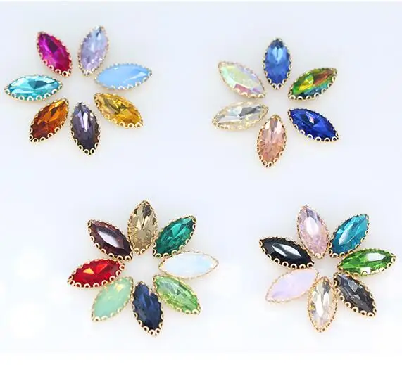 5x10 7x15 mm Horse Eye Colorful Crystal Sew On Rhinestone Crystal Glass Leaf Sew On Gold Lace Claw Rhinestone For Wedding Dress