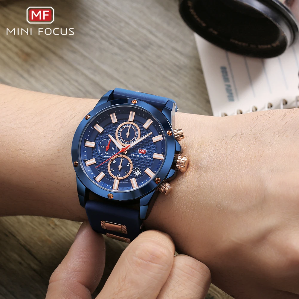 Jam tangan fokus MINI pria jam tangan olahraga kuarsa mewah merek Top Chronograph jam tangan tali silikon militer tentara jam tangan pria warna biru