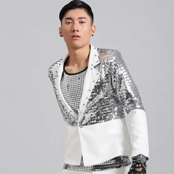 Fashion Men's Silver Paillette Slim suit blazer costumes Nightclub Male DJ singer stage show male performance costume