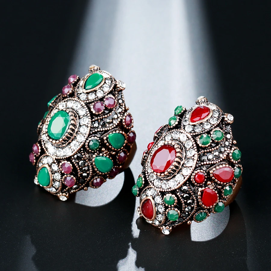 2018 New Bohemian Big Rings For Women Gold Luxury Ethnic Red Resin Crystal Crown Wedding Ring Vintage Jewelry Charm Gifts