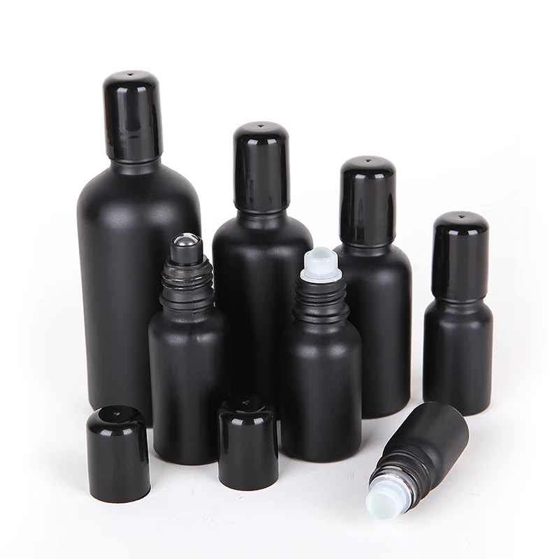 

12pcs/lot 5ml 10ml 15ml 20ml 30ml 50ml 100ml Frosted Black Bottle With Roll On Perfume Glass Bottle 1oz Empty Essential Oil Case