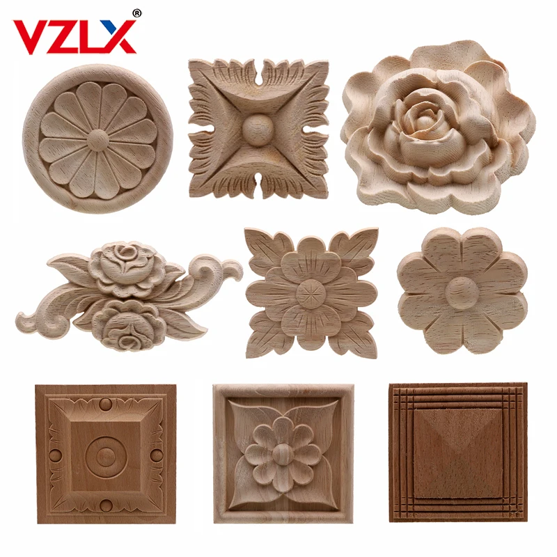 VZLX Flower Wood Carving Natural Wood Appliques for Furniture Cabinet Unpainted Wooden Mouldings Decal Decorative Figurines