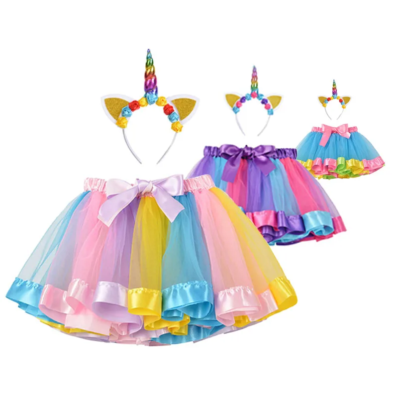 Baby Tutu Skirt Kids Clothes Outfits Baby Girls Skirt Sweet Cute Toddler Children Tulle Skirt Unicorn Headband Rainbow Skirt