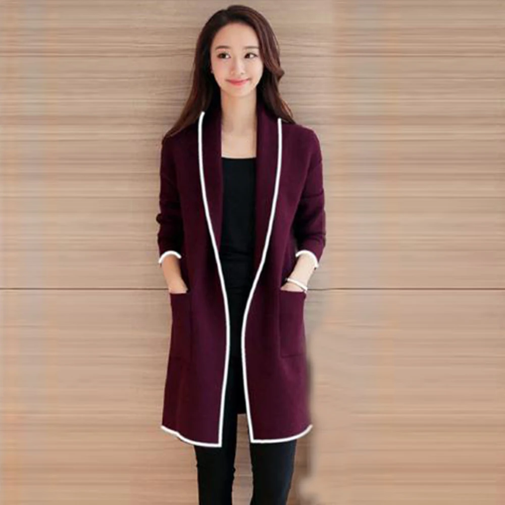 

Women Coat Cardigan Autumn Winter Pockets Long Sleeve Slim Soft Casual Solid Loose Open Stitch Korean Blends Large Size M-2XL