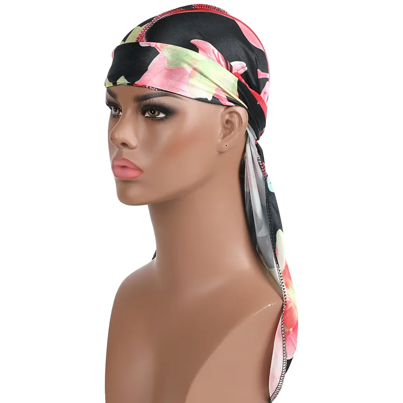 Unisex Silky Durags Bandanas Turban hat Wigs Doo Floral Durag Biker Headwear Headband Hair Accessories Extra Long Tail Du-Rag