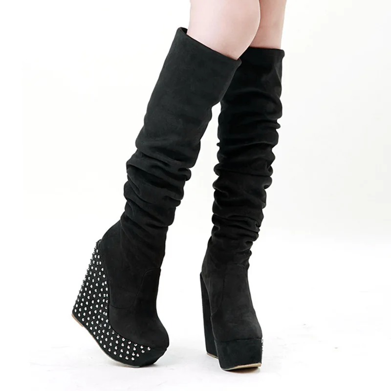 JOYHOPY Autumn Winter Over The Knee Boots Women Wedges Platform Thigh High Boots Rivet Woman High Heel Thin Leg Stretch Boots