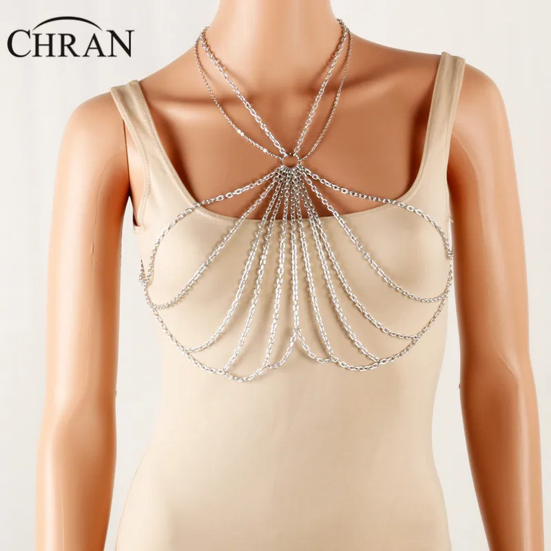 Chran Women Chain Bra Bralette Top Dress Decor Chainmail EDC Outfit Harness Necklaces Festival Wear Ibiza Sonar Jewelry CRBJ120