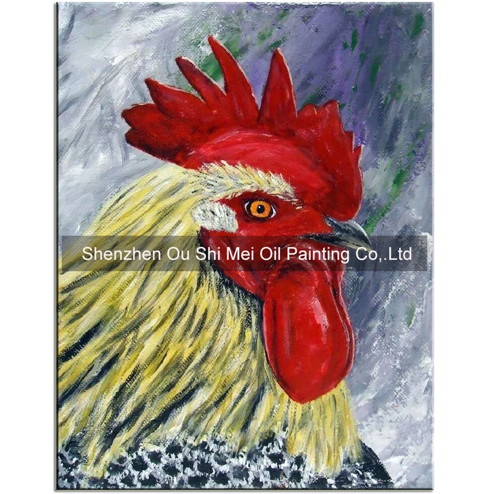 

Original Hand Painted Red Comb Oil Paintings on Canvas Wall Cock Head Oil Painting Handmade Year of the Rooster Mascot Artwork