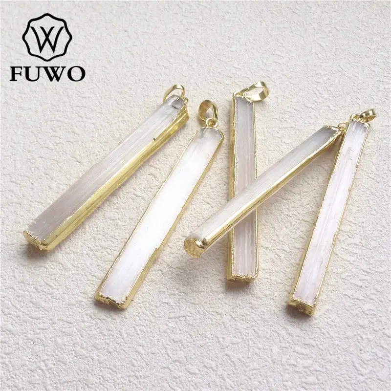 FUWO Wholesale Natural Selenite Bar Pendants,Golden Plated Crystal Blade Accessories For Fashion Jewelry Making 5Pcs/Lot PD024