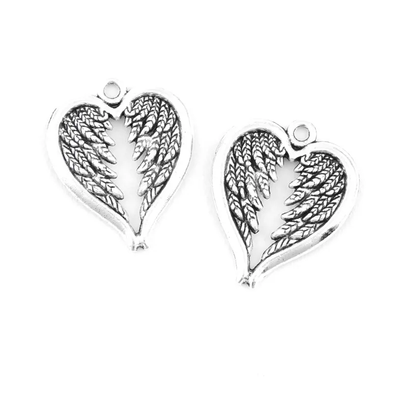 10Pcs  Silver Color Heart Shaped Angel Wing Charms Metal Pendant Making Necklaces Handmade Jewelry Accessories 27X22mm A3123