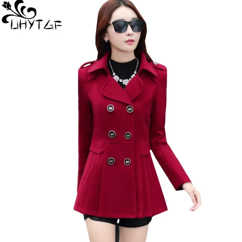 

UHYTGF Woman woolen jacket Double-breasted slim winter coat women Solid color wild autumn wool coats 3XL Big size short top 324