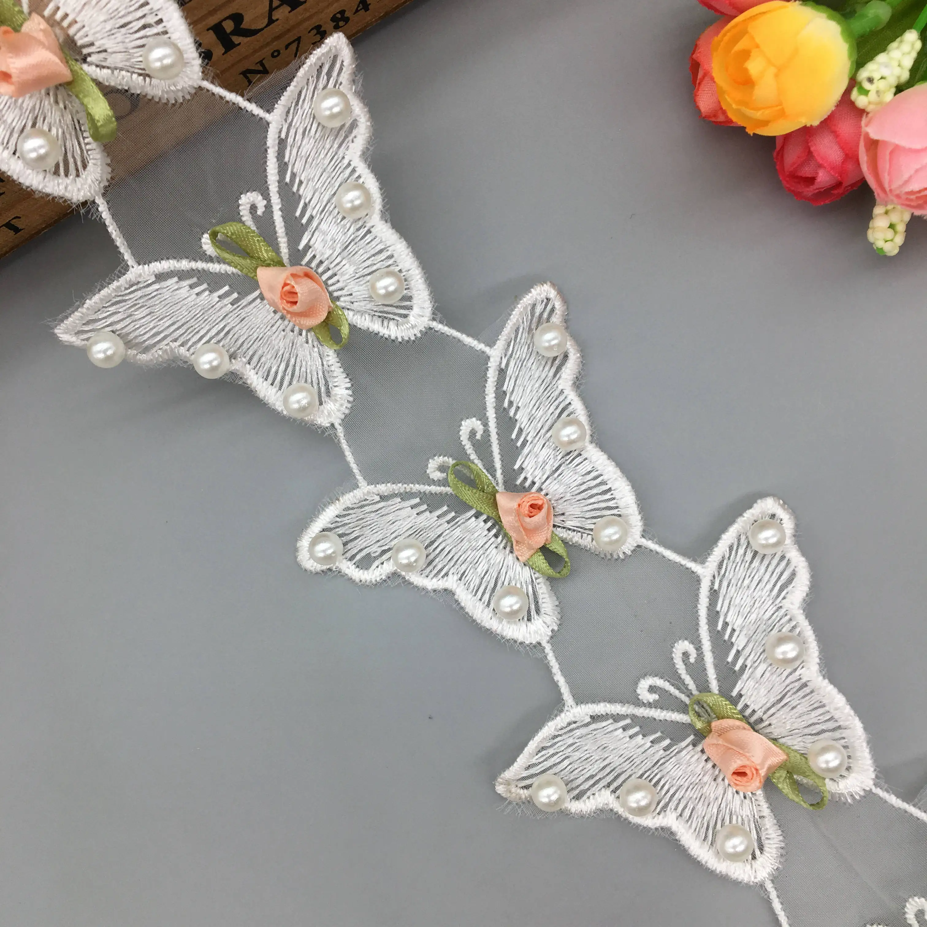 2 Yards 7x3.5cm Vintage Butterfly Lace Fabric Trim Pearl 3D Flower Embroidered Ribbon DIY  Sewing Craft Wedding Dress Decoration