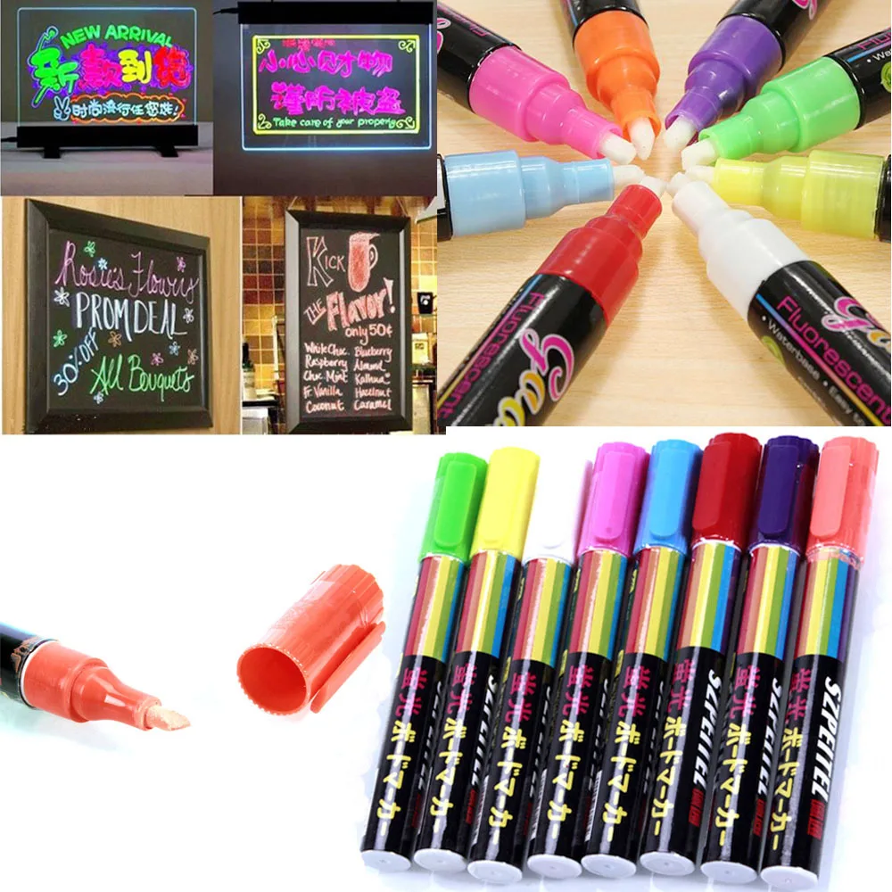 

Freen Shipping 8pcs/set School Office Highlighter Fluorescent Liquid Chalk Marker Neon Pen For LED Writing Board 6MM Oblique