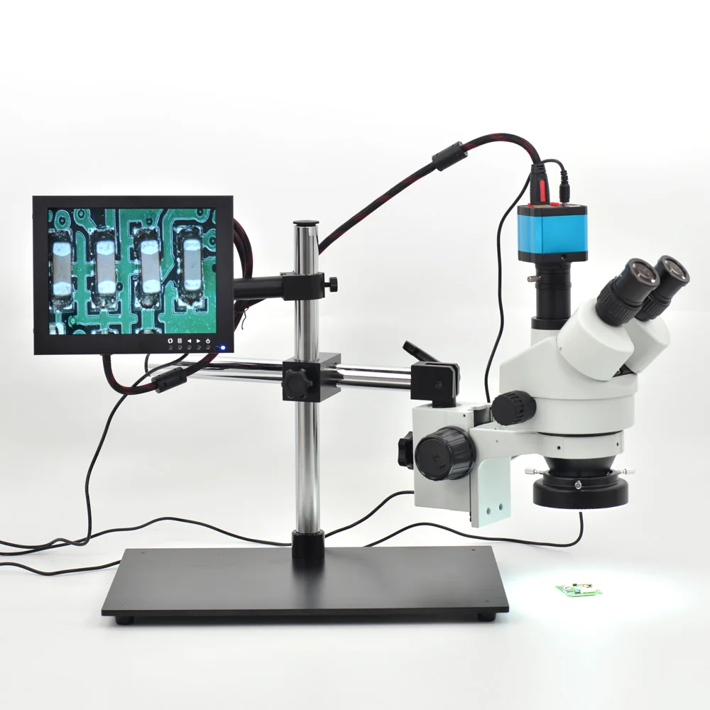 

7X-45X Trinocular Stereo Microscope 14MP Microscope Camera with Table Pillar Stand 8'' LCD Monitor 144 LED Light for Soldering