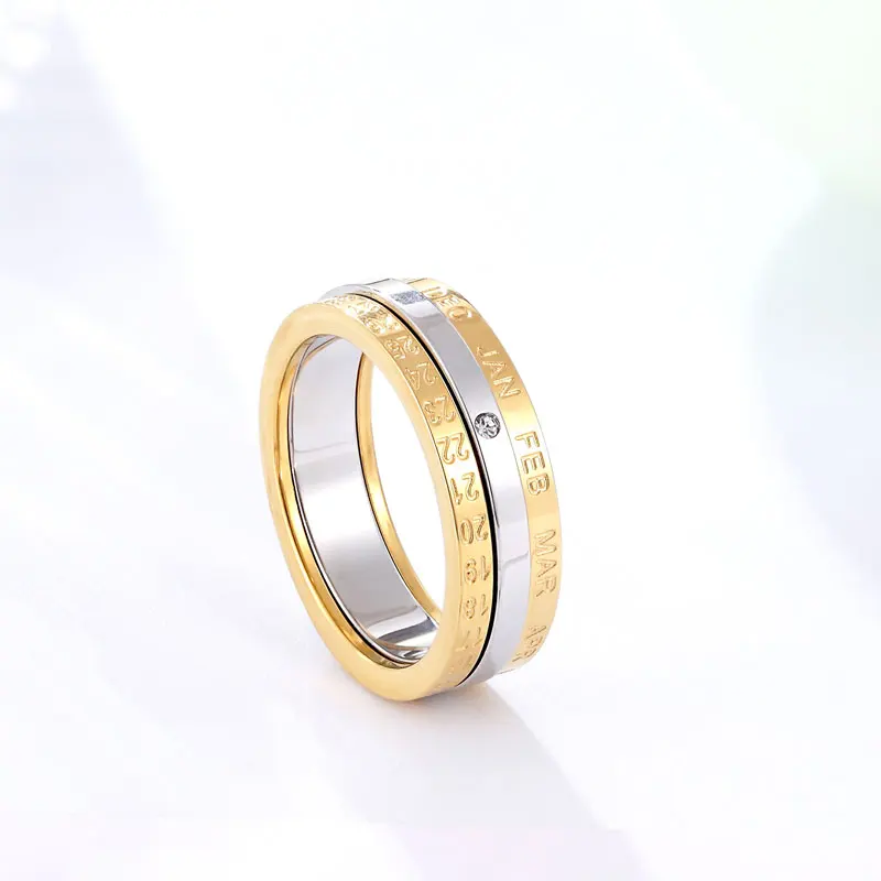 New Rotatable Month And Date Crystal Ring For Women Top Quality Stainless Steel Gold And Silver Color Ring Wedding Jewelry