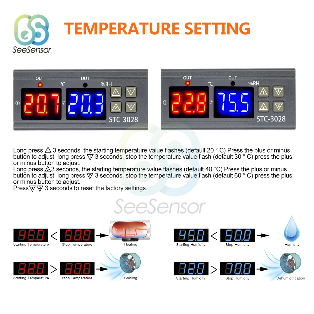 STC-3028 Dual Umidità Regolatore di Temperatura Regolatore Digitale per Frigo Termostato Regolatore Regolatore 12V 24V 220V Termometro