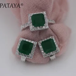 PATAYA New Arrivals 11 Colors Square Natural Zircon Earrings Ring Sets Women Luxury True White Gold Color Wedding Jewelry Set