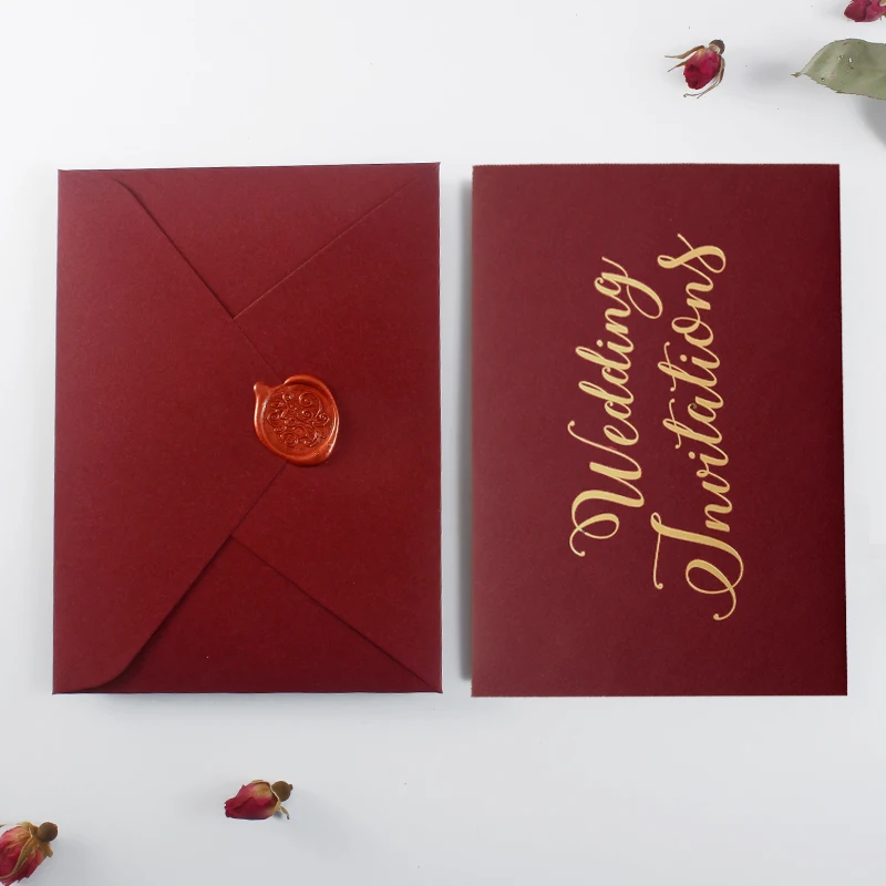 Picky Bride Burgundy Wedding Invitations Envelope Pearl Paper Envelopes Elegant Hot Stamping Invitation Envelope - Set of 100pcs