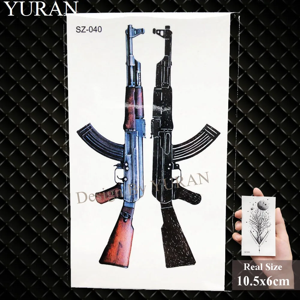 YURAN Black Rifle Gun Temporary Tattoo Stickers Women Sniper Waterproof Tatoo AK AKM M4 Soldier Men Wrist Fake Tattoo Wolf Totem