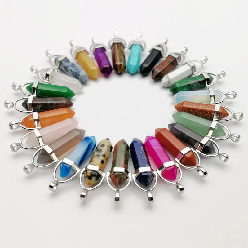 Wholesale 50pcs Assorted Natural Stone Pendants Charms Hexagonal Pointed Healing Reiki Chakra pendant rose suartz opal tiger eye