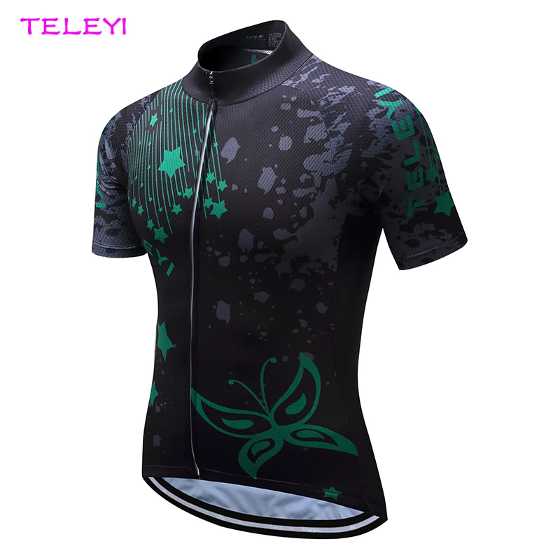 TELEYI Men's Short Sleeve Cycling Jersey Bike Biking Shirt Quick Dry Black Green S-4XL