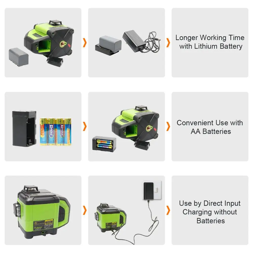 Huepar-Electronic Auto-Nivelamento 3D Green Beam Laser Level, 3x360 Linha Cruzada, Nivelamento de Três Planos, Alinhamento-Função de Inclinação Dupla