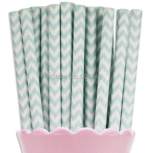 100 Pcs Mixed Colors Light Blue Chevron Printed Paper Straw, Cheap Vintage Biodegradable Baby Shower Party Paper Drinking Straws