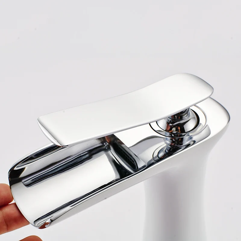 ROVATE Bathroom Sink Faucet Waterfall Tap White Finish Chrome Single Handle 1 Hole Mount Lavatory Basin Faucet