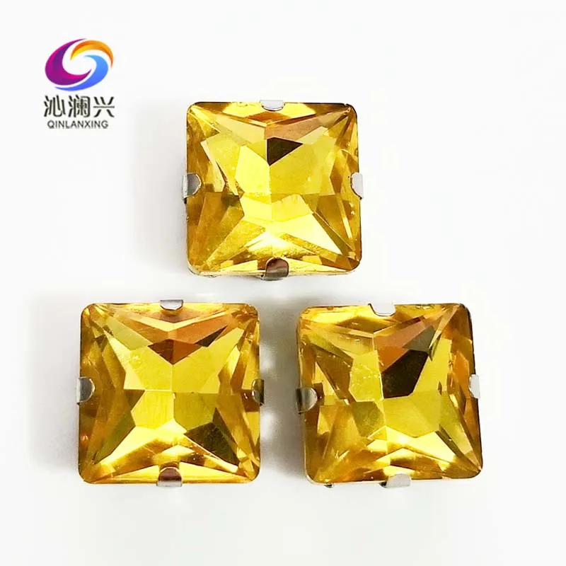 

Golden yellow top quality Glass Crystal sew on stones,square shape claw rhinestone with holes,Diy/Clothing accessorie SWZ418