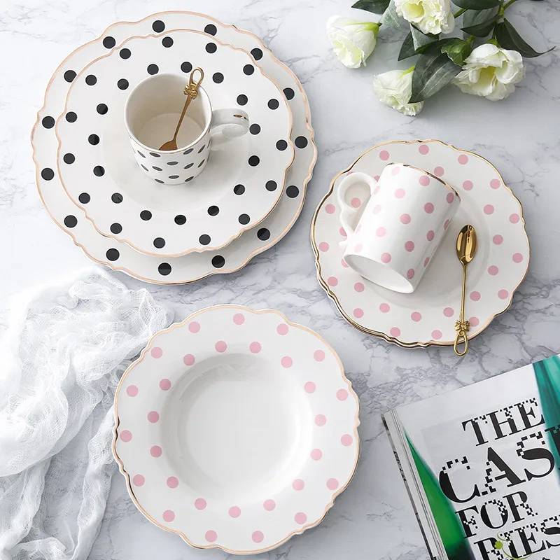 10inch Food Tray Gold Edge Dinnerware Set Polka Dot Dinner Plate Set Soup Dish Steak Flat Plate Flower Shape Breakfast Tableware