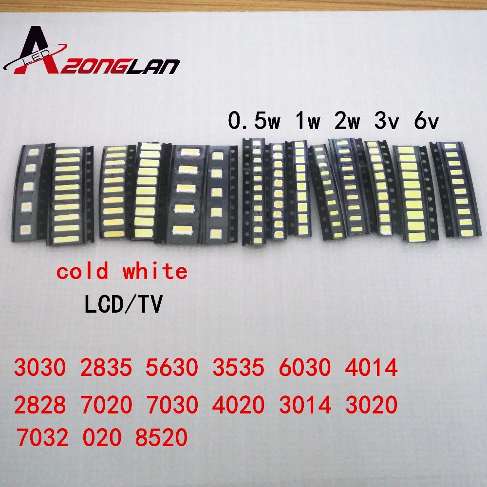 1000pcs/lot 1W-2W SMD LED Kit 3V/6V 2835/3030/2828/3535/5630/7020/7030/4020/4014/7032 Cold white For TV Backlight Beads 10*100LG