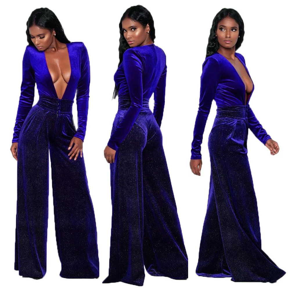 2019 Mode Effen kleur Vrouwen Jumpsuit Sexy Diepe V-hals Plus size Kleding