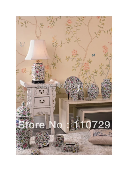 Hand painted silk wallpaper painting tree with  flowers and birds HAND-PAINTED WALL PAPER WALLCOVERING Sofa/TV/bedroom backgound