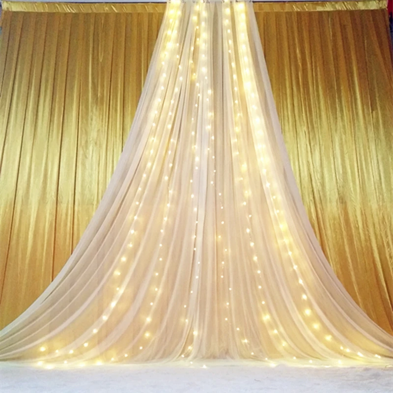 Luxury Wedding Stage Silk Backdrop Background Curtains with Beauty Yarn Gauze Decoration White and Blue