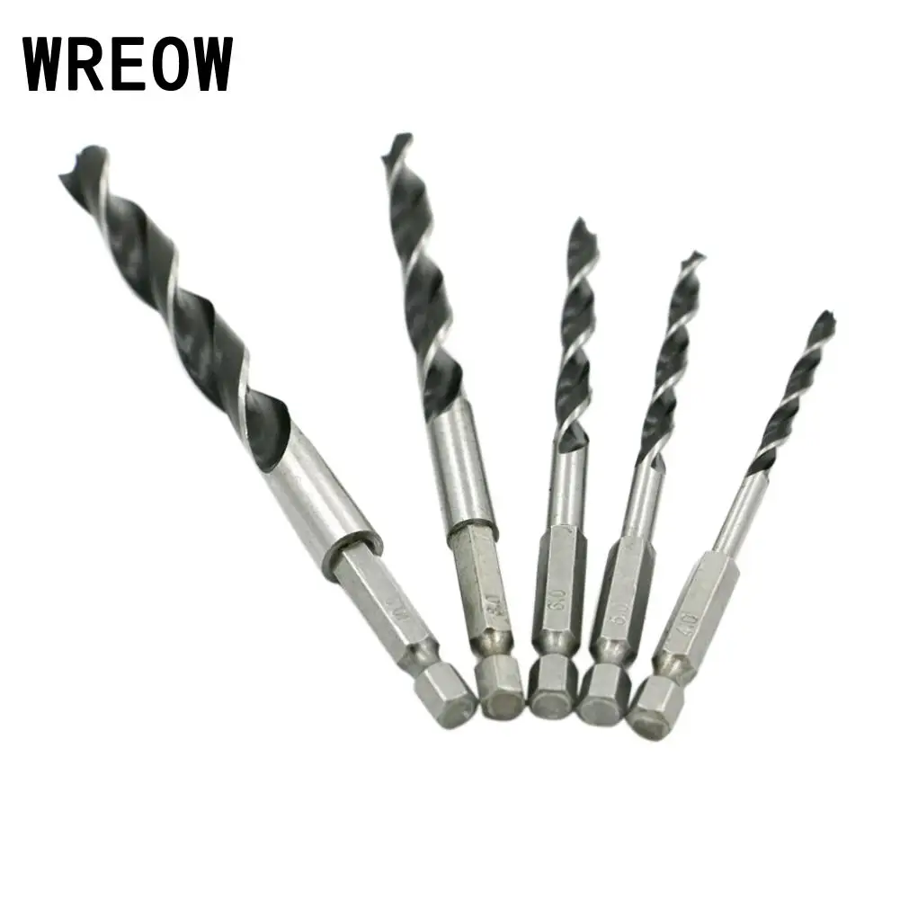 5PCS Wood Drill Bit Set 4mm 5mm 6mm 8mm 10mm 1/4" Hex Shank Wood Drill Bit Sets Twist Woodworking Hole Cut Reaming Cone Drill