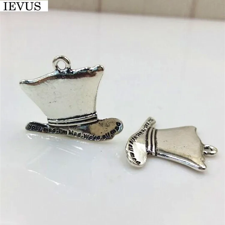 Hot selling 10 Pieces/Lot 23mm*30mm hat charms Antique Silver plated words Your mad I\'m mad We\'re all mad for hat jewelry making