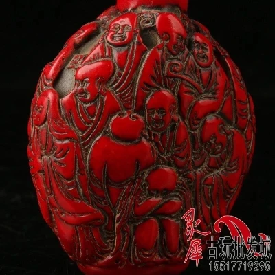 Antique Imitation Red Coral Resin Eighteen Rohan Snuff Bottle Ornament