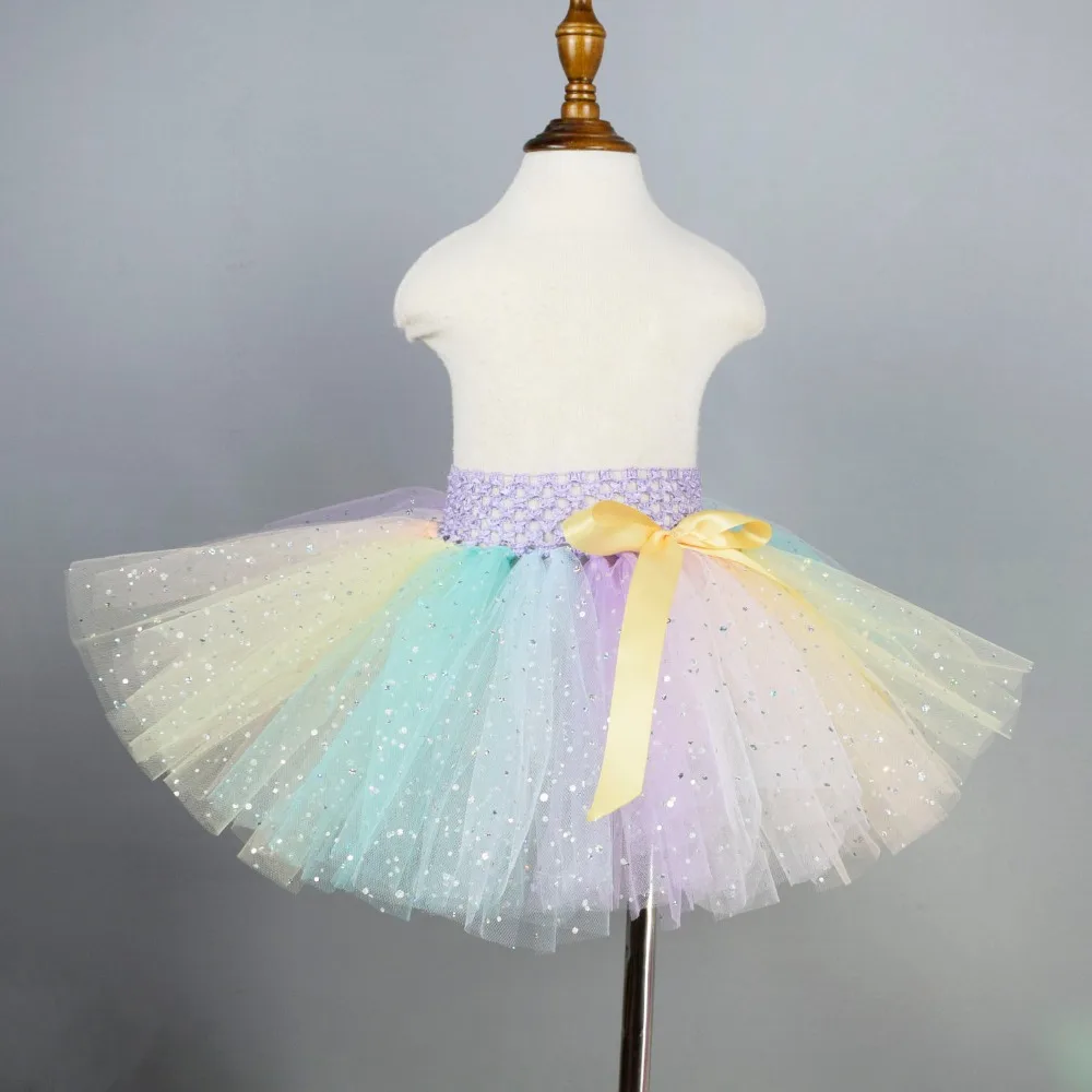 Girls Pastel Rainbow Fluffy Tutu Skirt Baby Birthdays Party Costume Glitter Tulle Tutus Unicorn Theme Party Skirts Photo Props