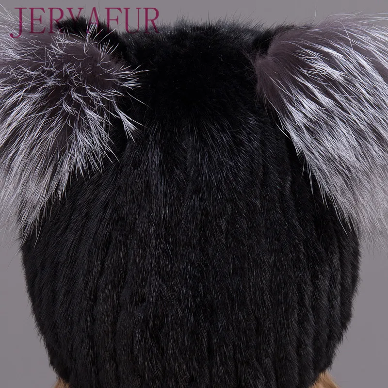 JERYAFUR Winter Women\'s Mink Hat Vertical Weaving Hat Genuine Natural Fox Mink Fur Cap Lovely Cat Ears Style Hats