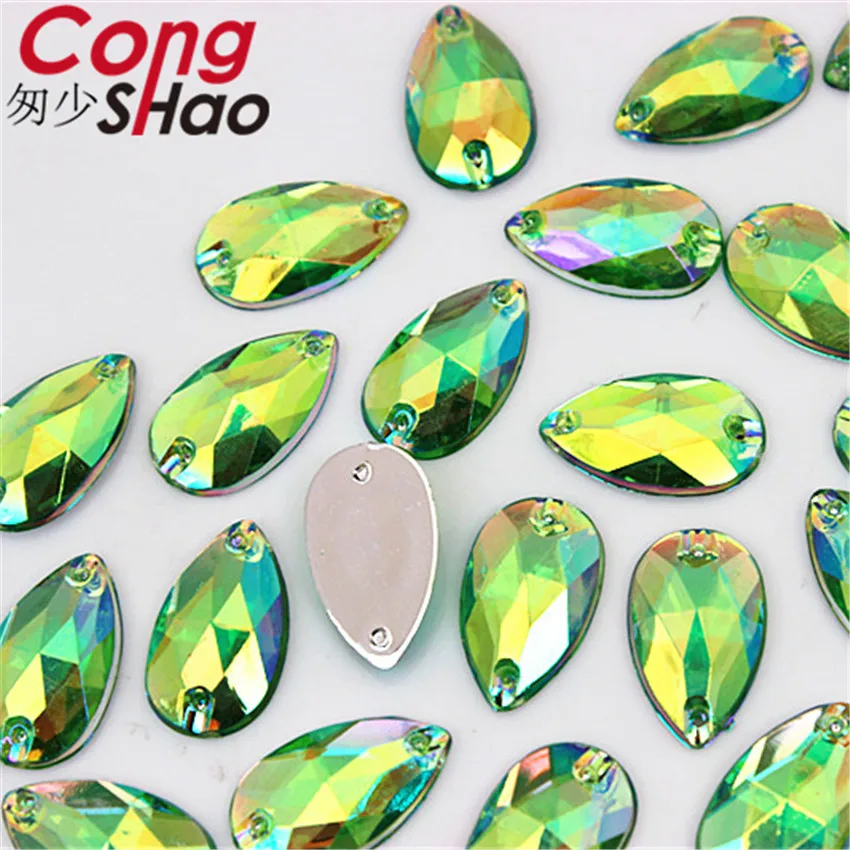 Cong Shao 100 Pz 11*18mm AB Colorato Goccia flatback pietre e cristalli Acrilico Strass da cucire 2 Fori DIY Pulsante costume CS640