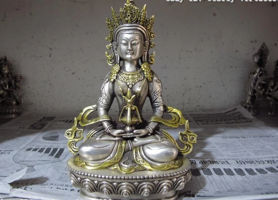 

Tibet Buddhism Temple White copper silver Gild Longevity Amitayus Buddha Statue